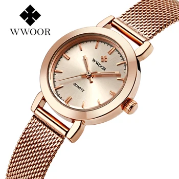 

2016New WWOOR Women's Rose Gold Stainless Steel Quartz Watch Lady Casual Hours Bracelet Watches Women Lover's Female Clock Gift