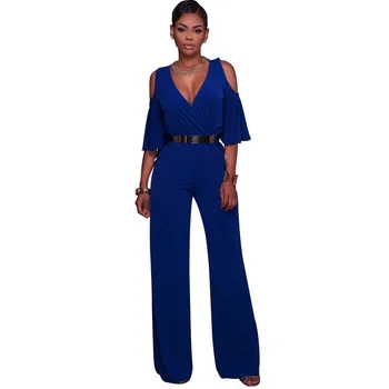

Sexy Deep V Neck Off Shoulder Tunic Loose Jumpsuits Women Short Sleeve Ruffles Summer Wide Leg Elegant Romper Overalls with Belt