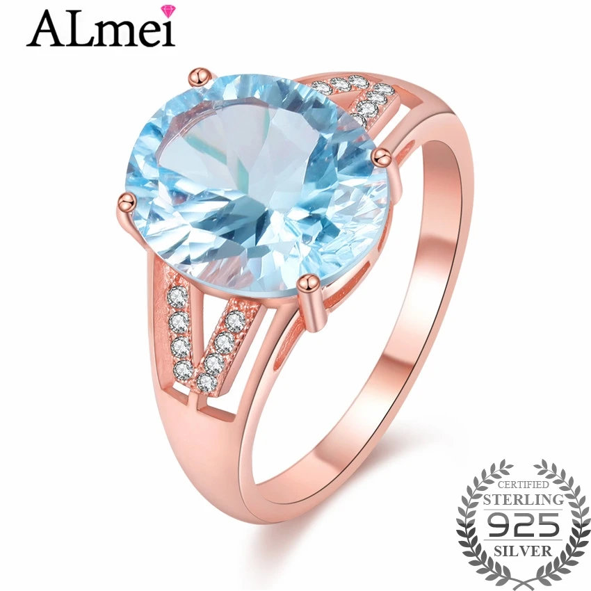 

Almei Light Blue Topaz Zircon Ring with CZ Stone 925 Sterling Silver Women Rose Gold Color Wedding Rings Jewelry with Box CJ042