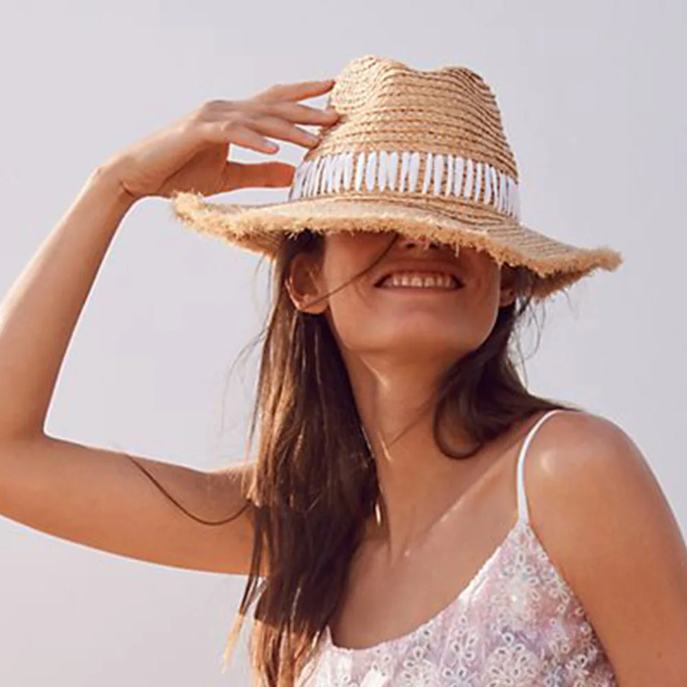 

Handmade Weave Women Raffia Sun Hat Summer Floppy Wide Brim Beach Sunhat For Lady Panama Sunbonnet Size 56-58CM
