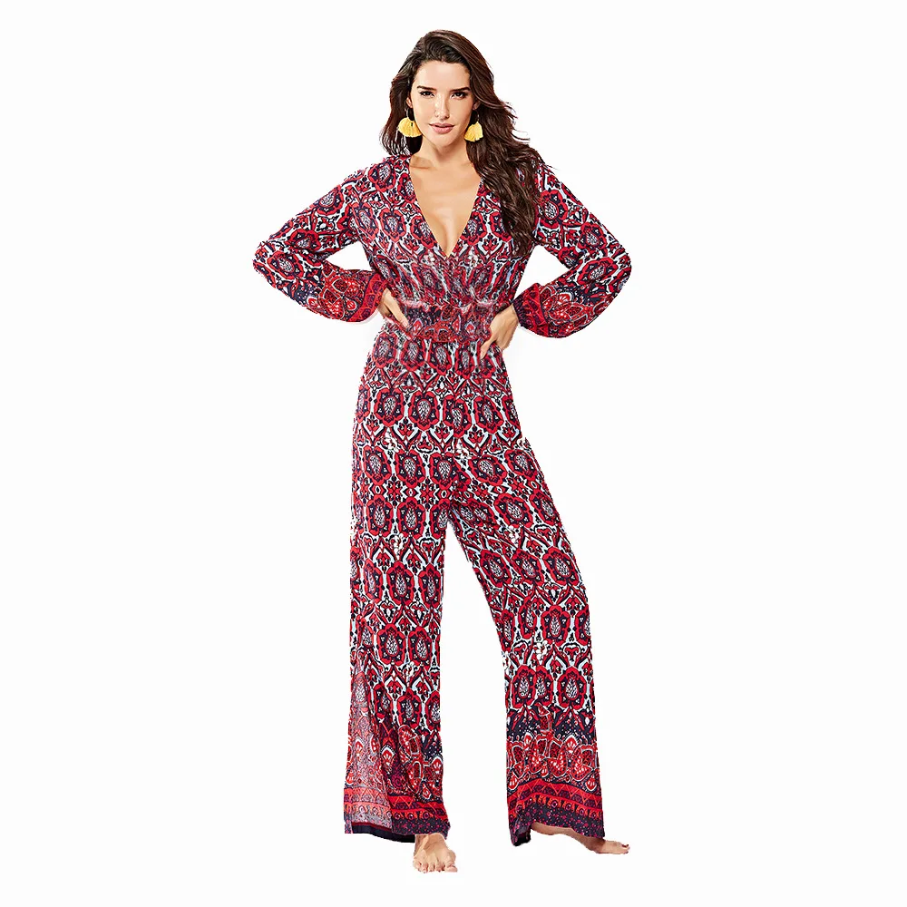 Women's printed V-neck pants, Red Printed casual suit, women's wear Women's printed V-neck pants, Red Printed casual suit, women's wear