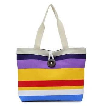 

Lady Colored Shoulder Bags Female Stripes Shopping Handbag Canvas Tote Purse Women Beach Hasp Casual Wide Bag Large Capacity