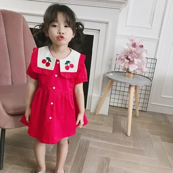 

in stock summer dresses for girls Navy style rose red dress Cute cherry print baby girls clothes kids lovely short sleeve dress