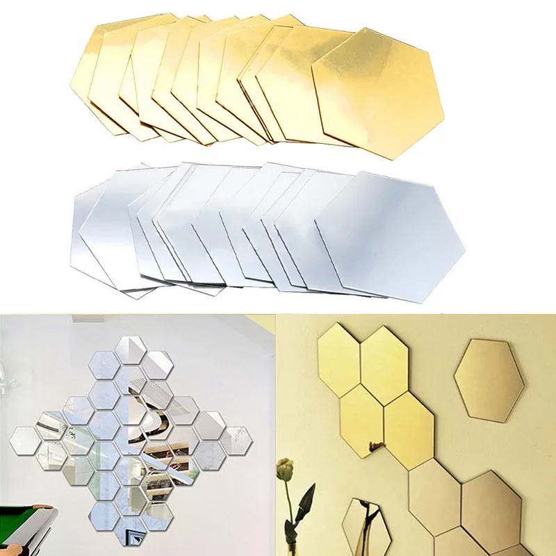 12Pcs Hexagonal Self Adhesive Mirror Wall Sticker Living Room Decal Decor Newly 