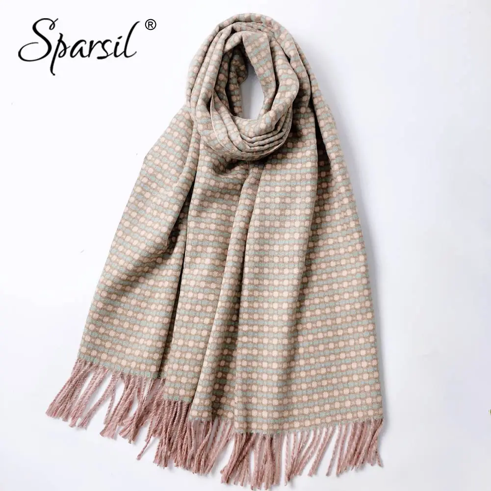 

Sparsil Women Retro Dot Stripes Cashmere Scarf Long Tassels Stylish Warm Scarves Winter Thick Soft Shawls 180x60 Plaid Muffler
