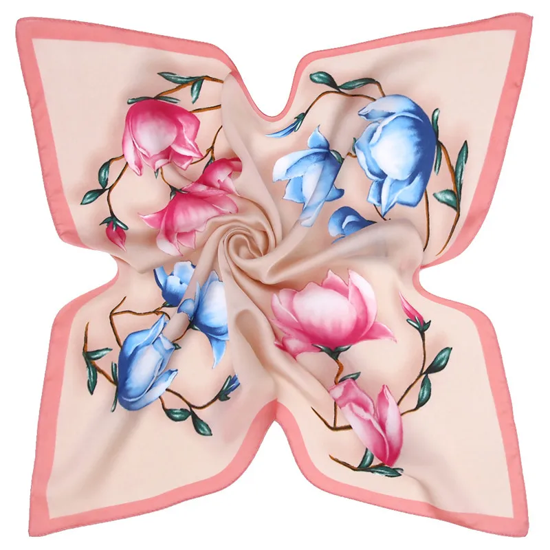 

53cm Magnolia Flower Square Scarves Bandanna Silk Scarf Women 2019 New Fashion Headband Neck Tie Band Professional Neckerchief