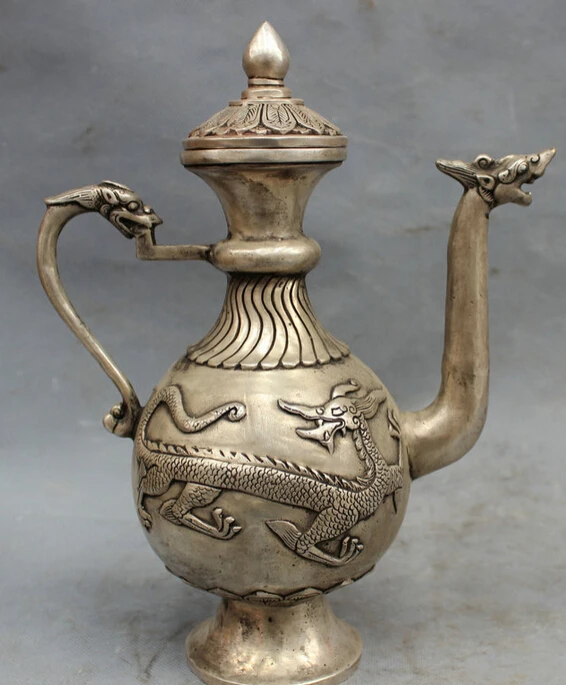 

song voge gem S2504 10" Tibet Silver Buddhism Myth Fly Dragon Head Statue Brass Wine Pot Teapot
