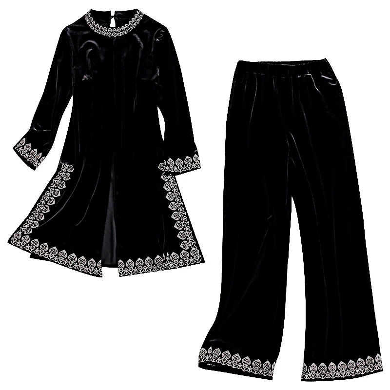 Винтажные черные бархатные комплекты из 2 предметов, женские длинные топы с цветочной вышивкой и широкие брюки, комплекты, костюмы размера плюс, повседневные женские комплекты
