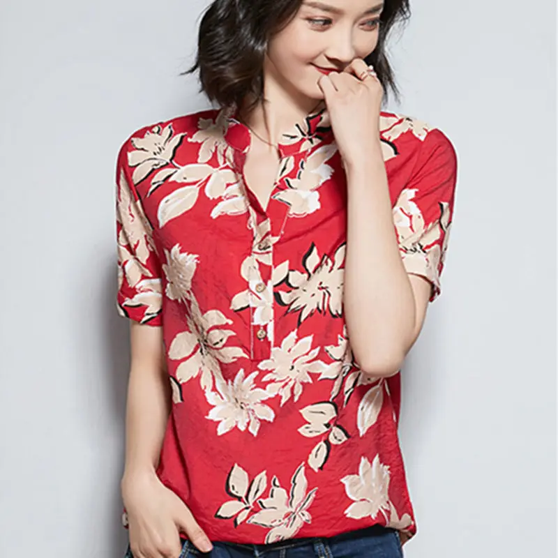 

2019 New Fashion Summer Womens Tops And Short Sleeve Plus Size 4XL Women Chiffon Print Blouse Lady Elegant Casual Flower Blusas