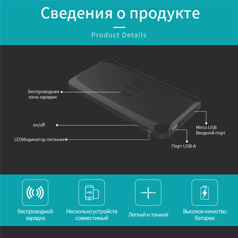 NEW ROMOSS Qi Wireless Charger Power Bank 5000mAh Fast Rechargeable External Battery USB Poverbank Charging Pad for Smartphone
