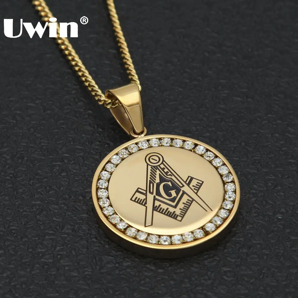 

Uwin Free-Mason Round Pendant Tag Stainless Steel With Clear Rhinestones Masonic Compass&Square Symbol 24" Cuban Chain Necklace