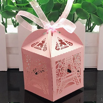 50pcs Wedding Candy Box Chocolate Packaging Paris Eiffel Tower Personalized Wedding Box Marriage Favors And Gifts Baby Shower Pink
