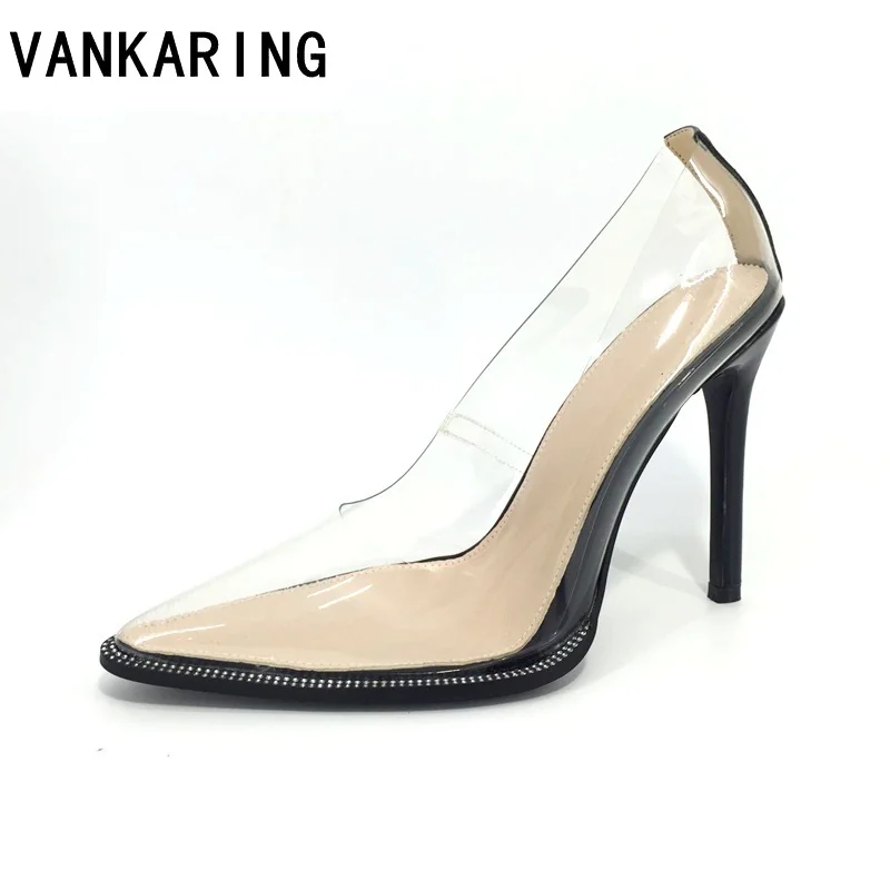 

brand fashion transparent PVC shoes sexy pointed toe high heels nude pumps dress shoes plus size spring summer asakuchi pumps