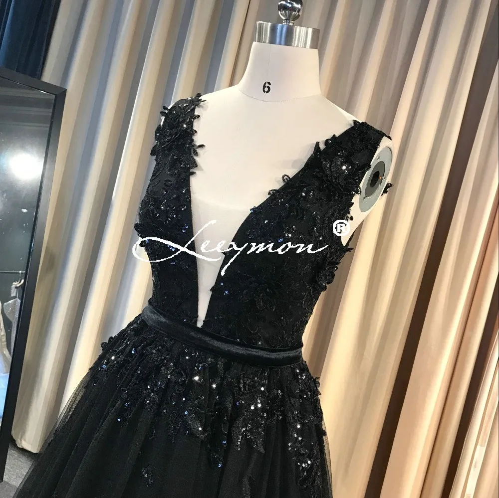 Leeymon На Заказ Sexy Backless Beading Appliques Party Dress Длина До Пола Платье Выпускного Вечера Черныйой спиной, вечернее платье с аппликацией длиной до пола, черное платье для выпускного вечера