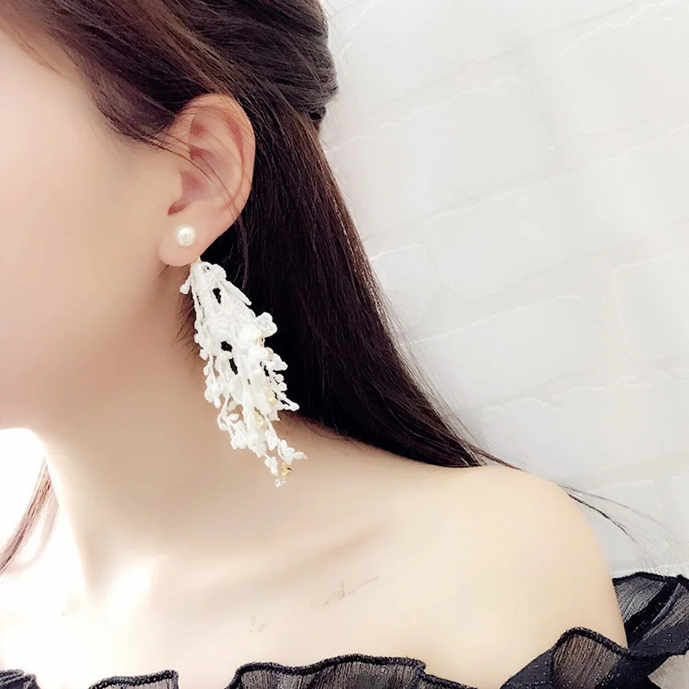 Fashion Female Drop Hanging Earrings Tassel Flower Fringe Dangle Statement Boho Lace Women Wedding Pendant Jewelry | Украшения и