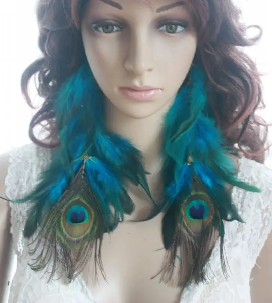 7B5-21 Chain Natural Peacock Blue Feather Earrings Jewelry 1 Pair | Украшения и аксессуары