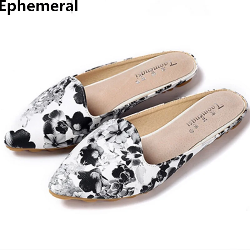 

Ladies flower slippers print spike shoes non-slip pointed toe sandals flats footwear women heels summer slides big size 43 black