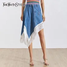 TWOTWINSTYLE Корейская джинсовая юбка с кисточками в стиле пэтчворк для женщин, высокая талия, тонкий подол, нерегулярные юбки для женщин, мода, Новинка лета