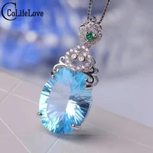 Роскошный огромный драгоценный камень кулон 12*16 мм 11ct натуральный, небесно-синий ожерелье топаз кулон твердый 925 Серебряный топаз кулон
