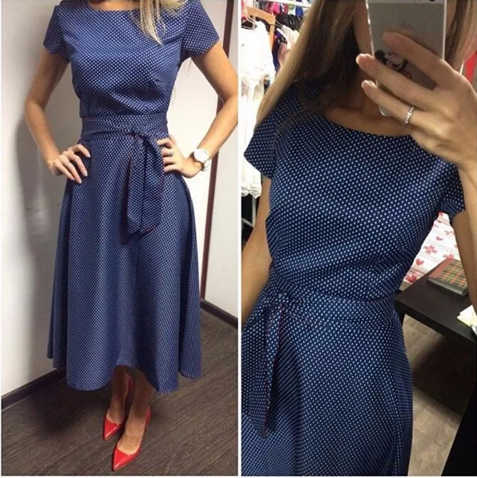 2016 Hot Sale Casual A-Line Dot Women Popular Dress Short Sleeve O-Neck Knee-Length Dress Summer Style Sashes Clothes Plus size