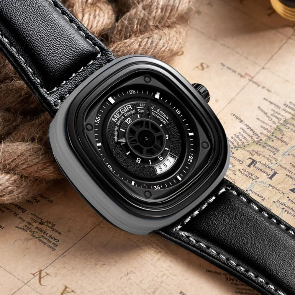 

Megir Square Dial Watch Men Top Brand Luxury Quartz Military Watches Genuine Leather Wristwatch Mens Clock Relogio Masculino