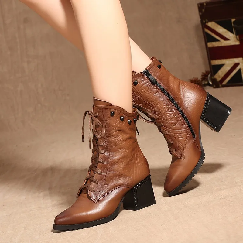 Kickway/женские ботильоны; женские ботинки; большие размеры 34-43; botas mujer invierno; коллекция года; на шнуровке; с острым носком; из натуральной кожи; на среднем каблуке