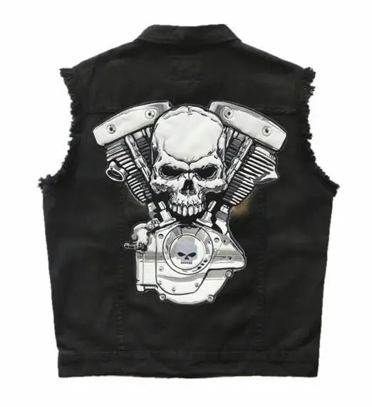 

Mens Luminous Denim Motorcycle Club Biker Vest Embroidered Patch Badge Design Skull Eagle Wing Pattern Sleeveless Jackets