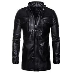 Новый Высокое качество PU мужская кожаная куртка мульти-карман кожаная куртка осень мотоциклетная кожаная куртка мужская длинная