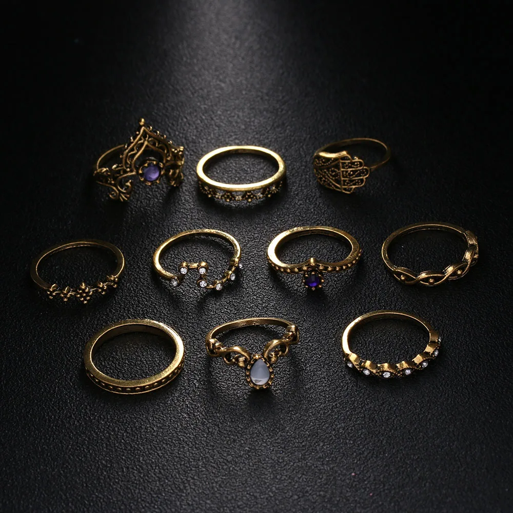 

10 Pcs/set Vintage Charm Summer Beach Rings Hollow Geometric Crystal Fatima Hand Ring Set Bohemia Style Jewelry Gifts