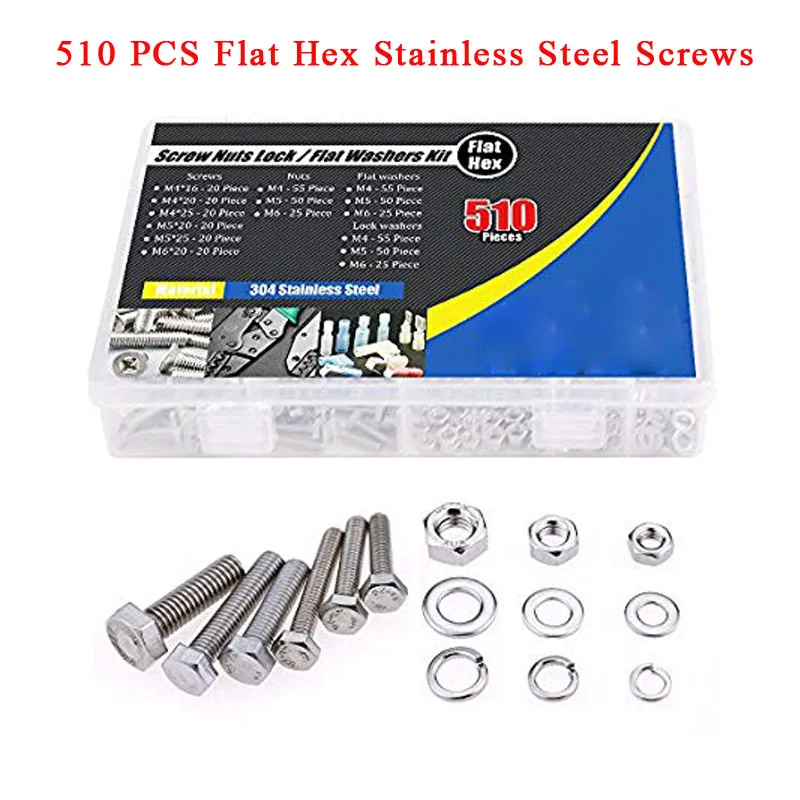 510 Pieces Flat Hex Stainless Steel Screws Bolts nuts Lock and Gasket Washers Assortment Kit flat lock 304 stainless | Обустройство