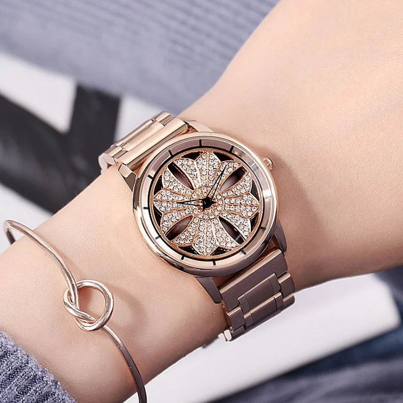 

Fashion Pink Rotating Dial Ladies Wristwatch Personality Rose Gold Stainless Steel Strap Quartz Women's Watch relojes para mujer
