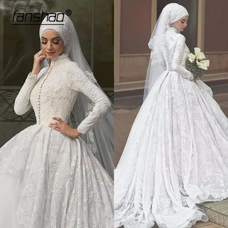 

2019 Muslim Wedding Dress Appliques Scarf Hijab Wedding Dress Tulle abiye abiti da sposa Wedding Gown Bride Dress