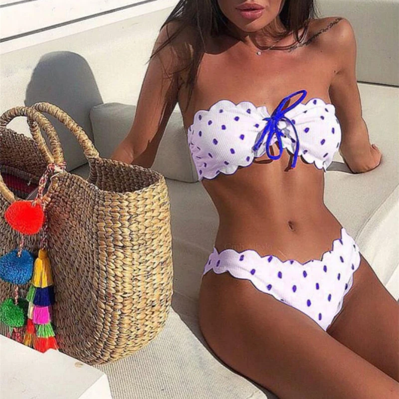 

Women's Swimsuits Dot Print Strapless Bandeau Bikini Bow Tie Off Shoulder Swimwear Swimsuit Set Cute Bikinis for Bathing Party