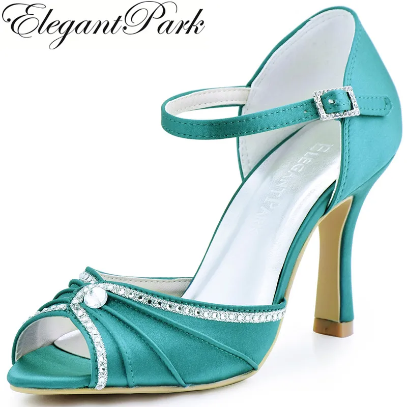 Woman Shoes Teal High Heel Buckle Pumps Rhinestones Satin Bride Wedding Shoes Bridesmaid Evening