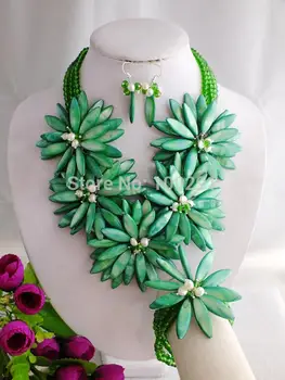 

Newest!!! 2017 Fashion Green Crystal Shell Beads Flower Necklace Jewelry Set MN-1520