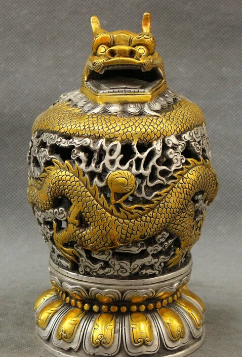 

Tibet Silver Gilt Buddhism Dragon Head Ball Statue Box Incense Burner Censer