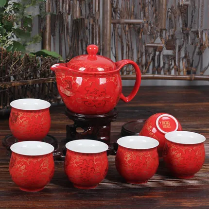 7 шт. набор керамический красный свадебный чайник и чашки без подставки фарфоровый китайский набор фарфорового чайника с фильтром - Цвет: A