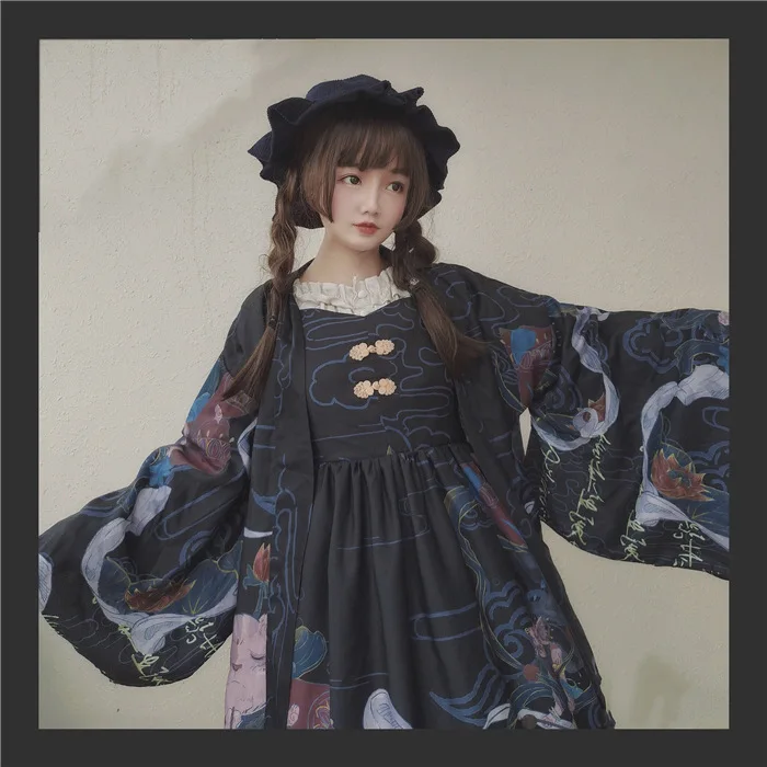 

Dunhuang Mysterious Vintage Style Women's Lolita 2pcs Dress Set:JSK Sleeveless Dress+Long Sleeve Haori Coat Cat Lotus Cloud Trim