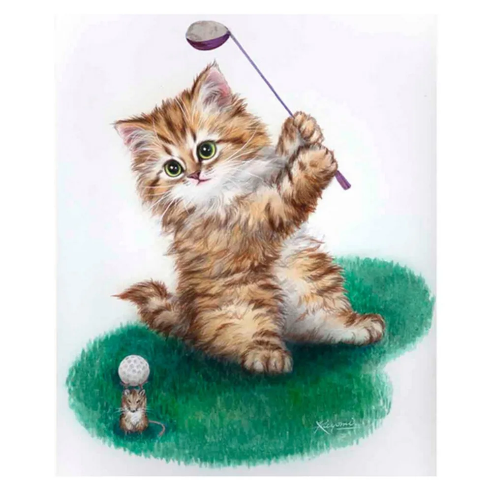 DIY 5D Diamonds Embroidery Cute Cat Golf Round Diamond Painting Cross