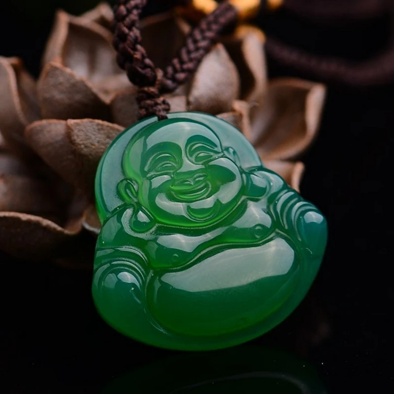 Зеленый цвет лед ААА Подвеска из зеленого халцедона Смеющийся Будда Лаки тонкой резьбой Будда кулон ожерелье