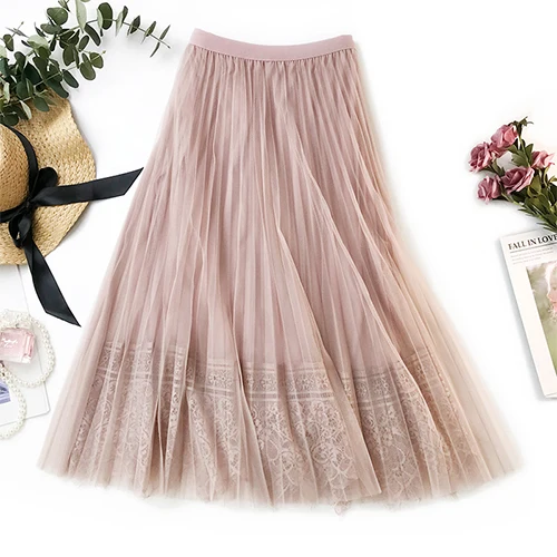 TIGENA весна лето элегантная длинная Макси кружевная юбка с тюлем Женская корейская мода трапециевидная Высокая талия плиссированная сетчатая Юбка Розовая солнце - Цвет: Розовый