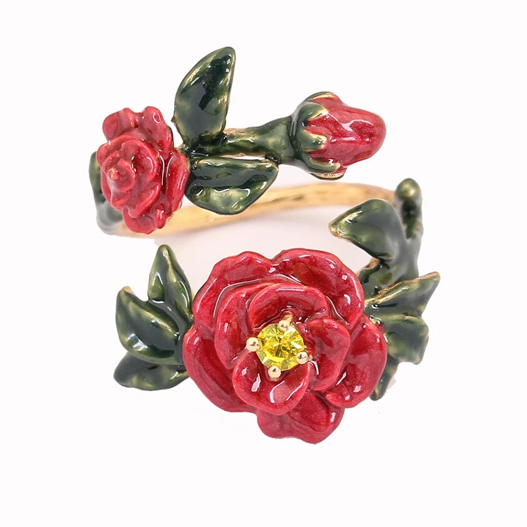 

2018 China Ethnic Warm Bloom Rose And Leaf Engagement Ring Elegant Noble Luxury Jewelery Enamel bague Aneis Magnetic Fancy Ring