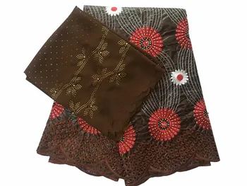 

Graceful coffee dress material set African jacquard bazin lace fabric and 2y cotton Swiss voile lace with rhinestones IKBC2