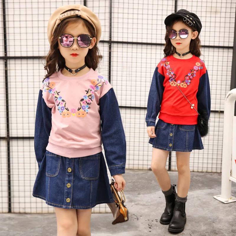 

Girls' Suit Children's Leisure Flower Tops Red Pink + Cowboy Skirt Suit 2 PC SETS In Spring Autumn 4-12 Ages