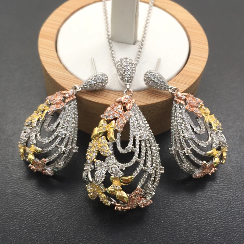 

LanRuiSha Jewelry Set Luxury Flower Hollow Drop Ball Zircon Micro Plated Necklace with Earrings Anniversary Bridal Best Gifts