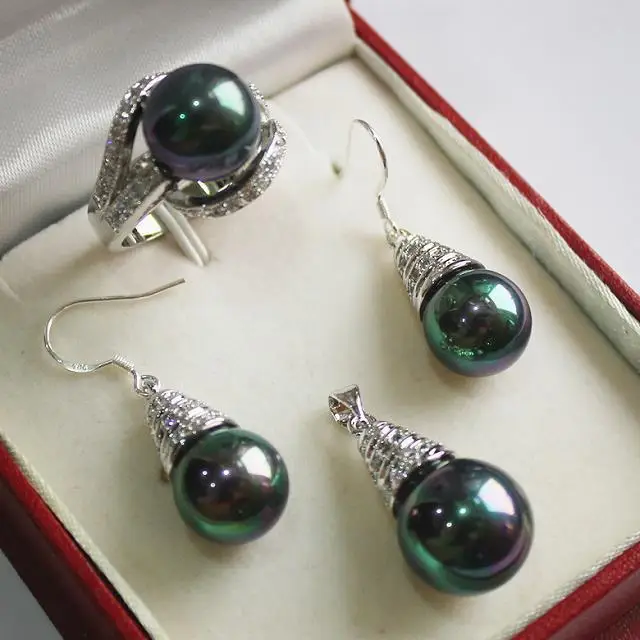 

12mm purple shell pearl pendant, earring and ring(7-10#) lady's jewelry sets for party and anniversary 5.31