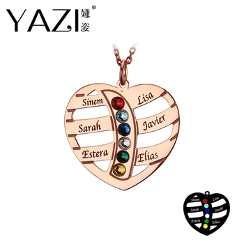 

YAZI DIY Copper Birthstone Family Name Necklace Heart with Six Name Pendant For Family Custom Engraved Jewelry Christmas Gift