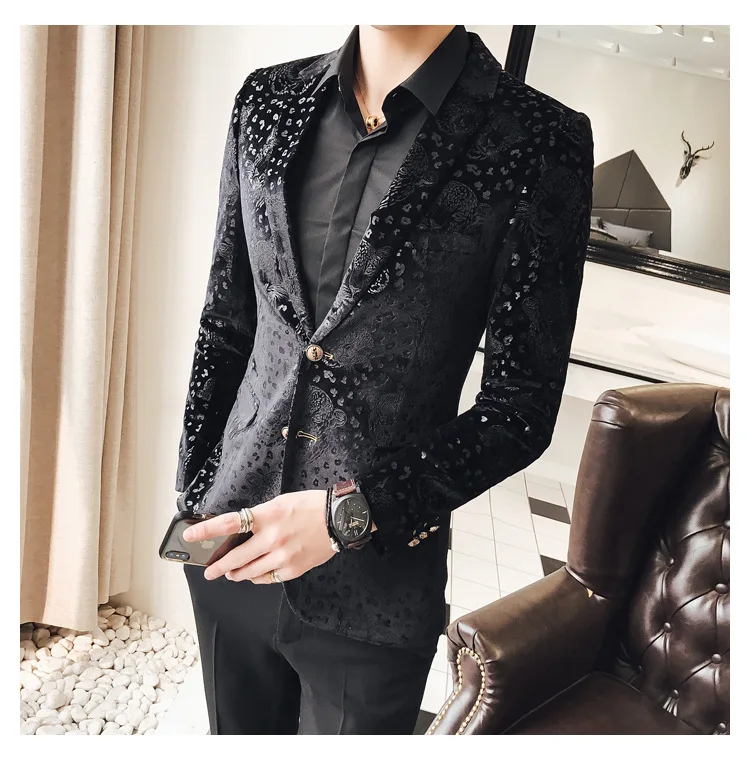 Роскошный бархатный черный блейзер с цветами мужские деловые повседневные мужской блейзер Slim Fit костюм куртка костюм формальная Свадебная