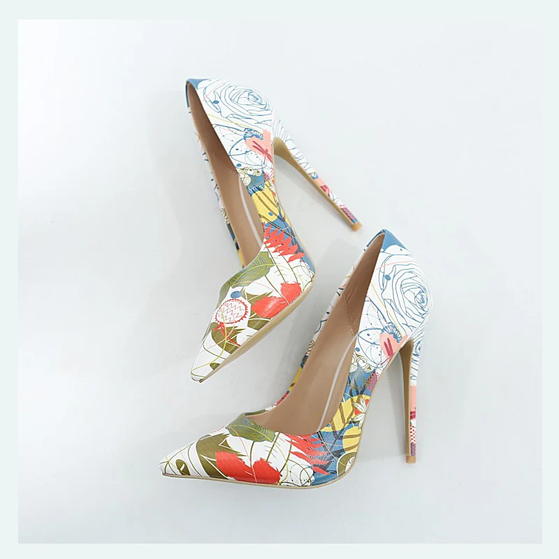 

New 12cm Heels Women Pumps Sexy Pointed Toe Print High Heels Mixed Fashion Colors Thin Heels Office Lady Shoe