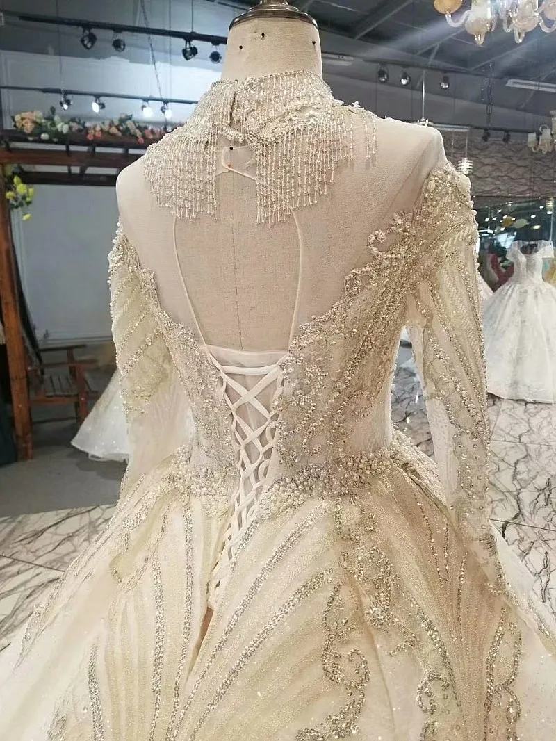 LS17233 королевские золотые кружевные свадебное платье с хрустальным ожерельем o шеи длинным рукавом невесты свадебные платья реальная цена фарфора оптом